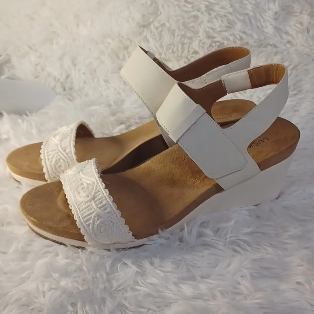 Lucky Brand White Wedge Sandals